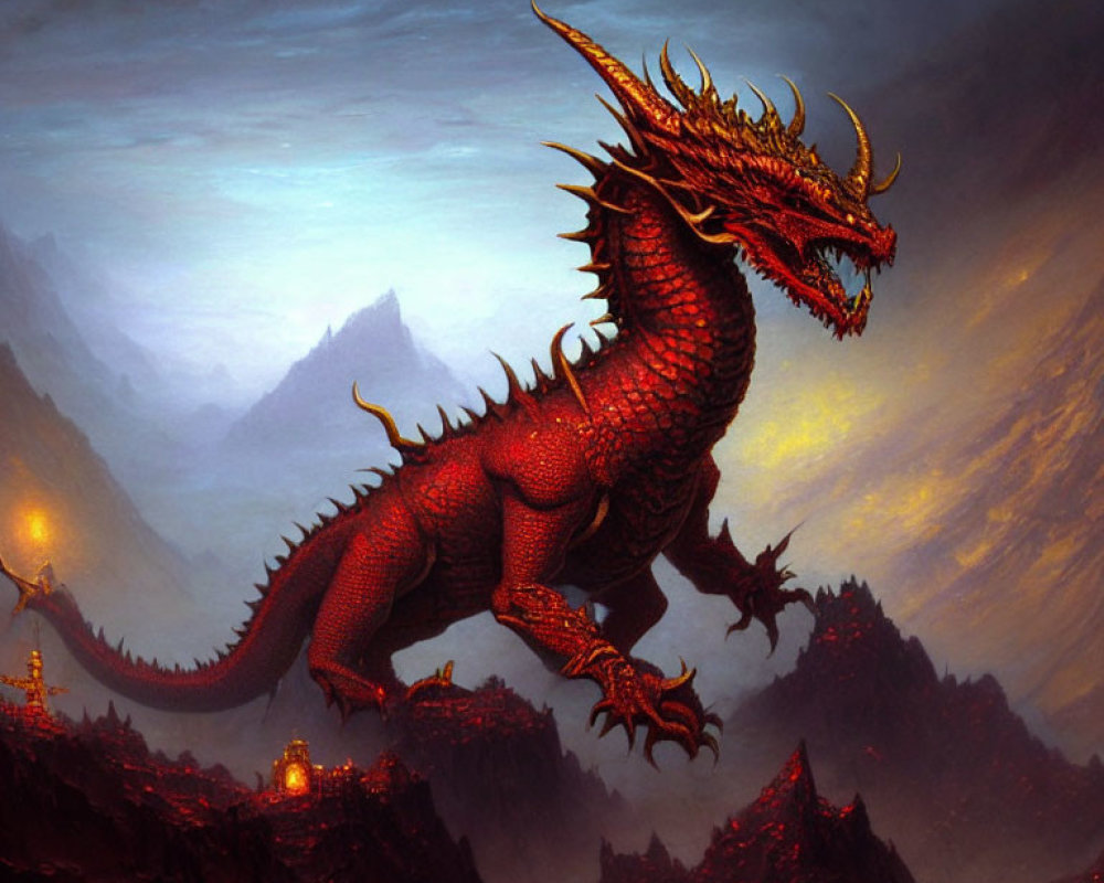 Red dragon on rocky terrain with lanterns in misty mountain landscape