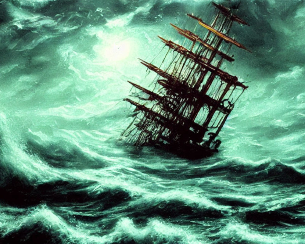 Tall ship sailing through green waves under swirling sky