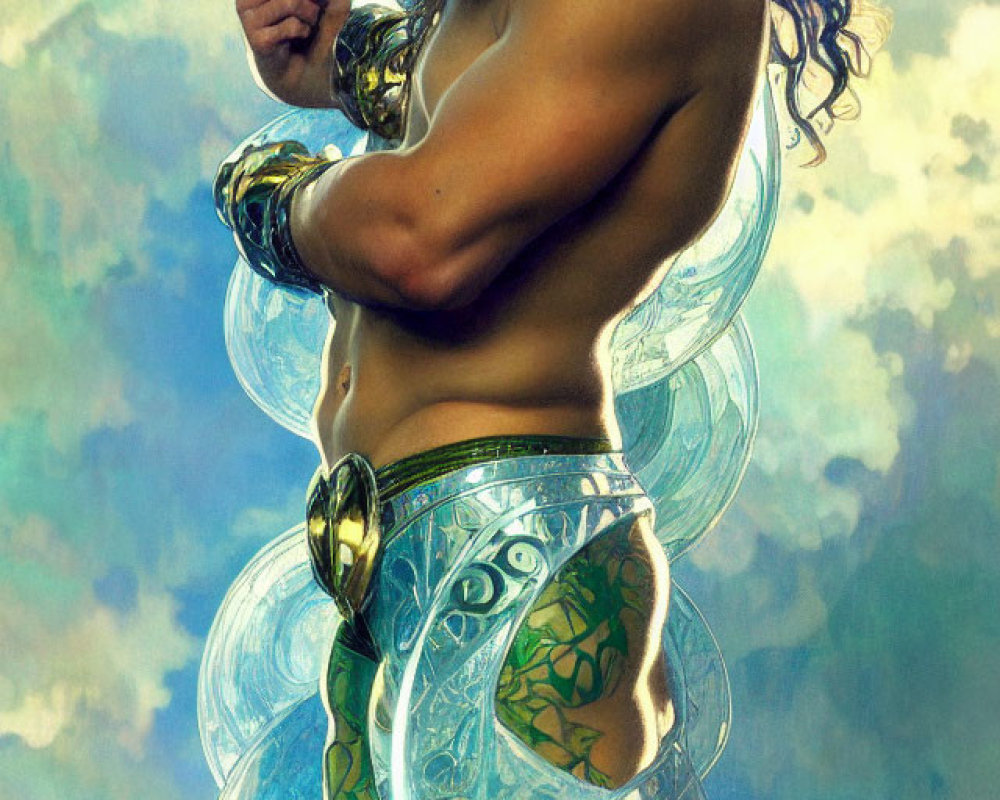 Muscular man in gold and green armor with tattoos, standing confidently among ethereal bubbles against cloudy sky