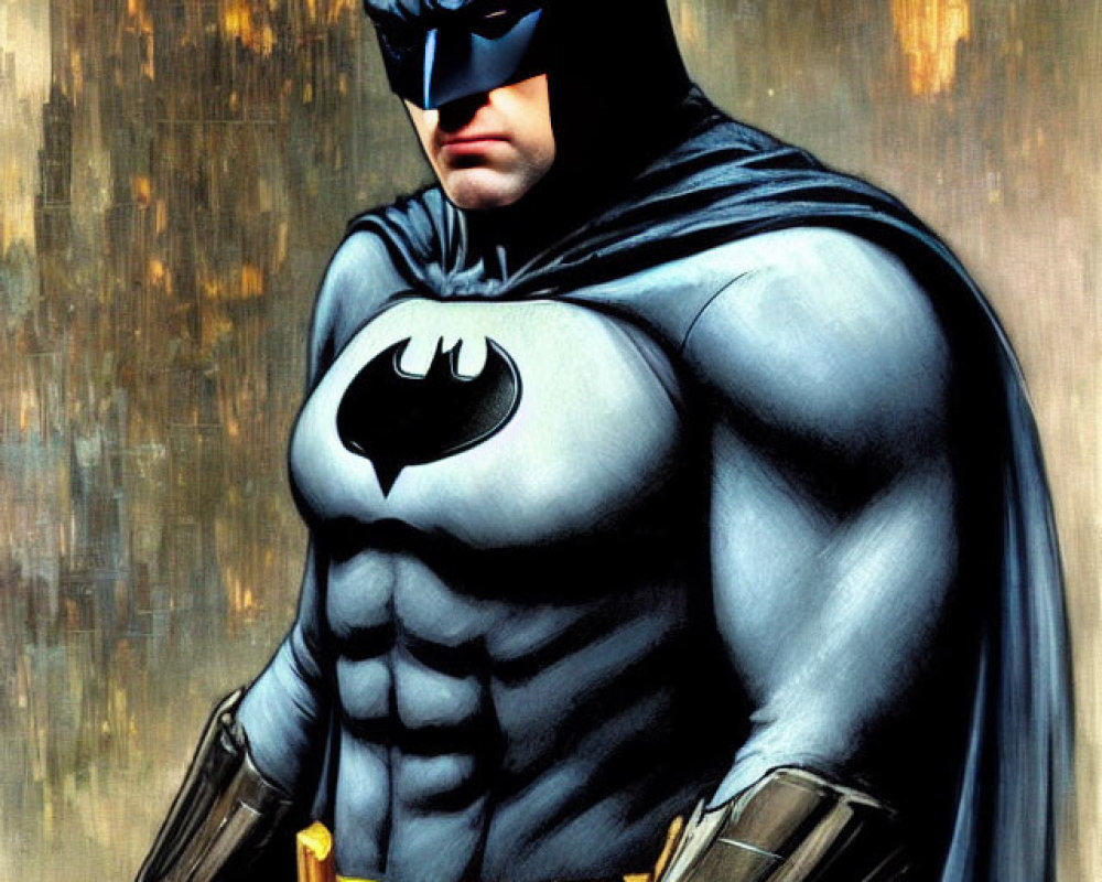 Iconic Batman illustration with bat emblem, confident stance, and gothic cityscape.