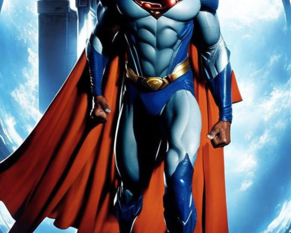 Person in Superman costume with red cape against futuristic backdrop