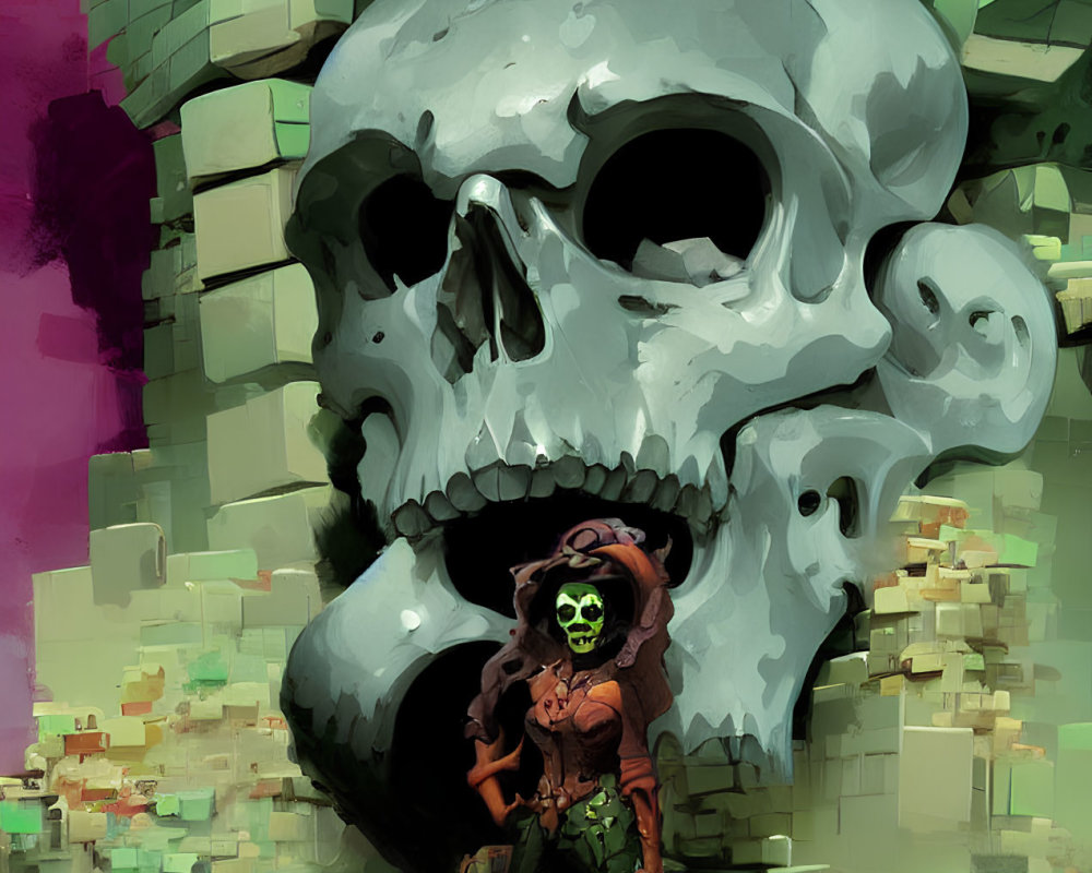Green-faced character in front of large skull in pixelated ruins under magenta sky