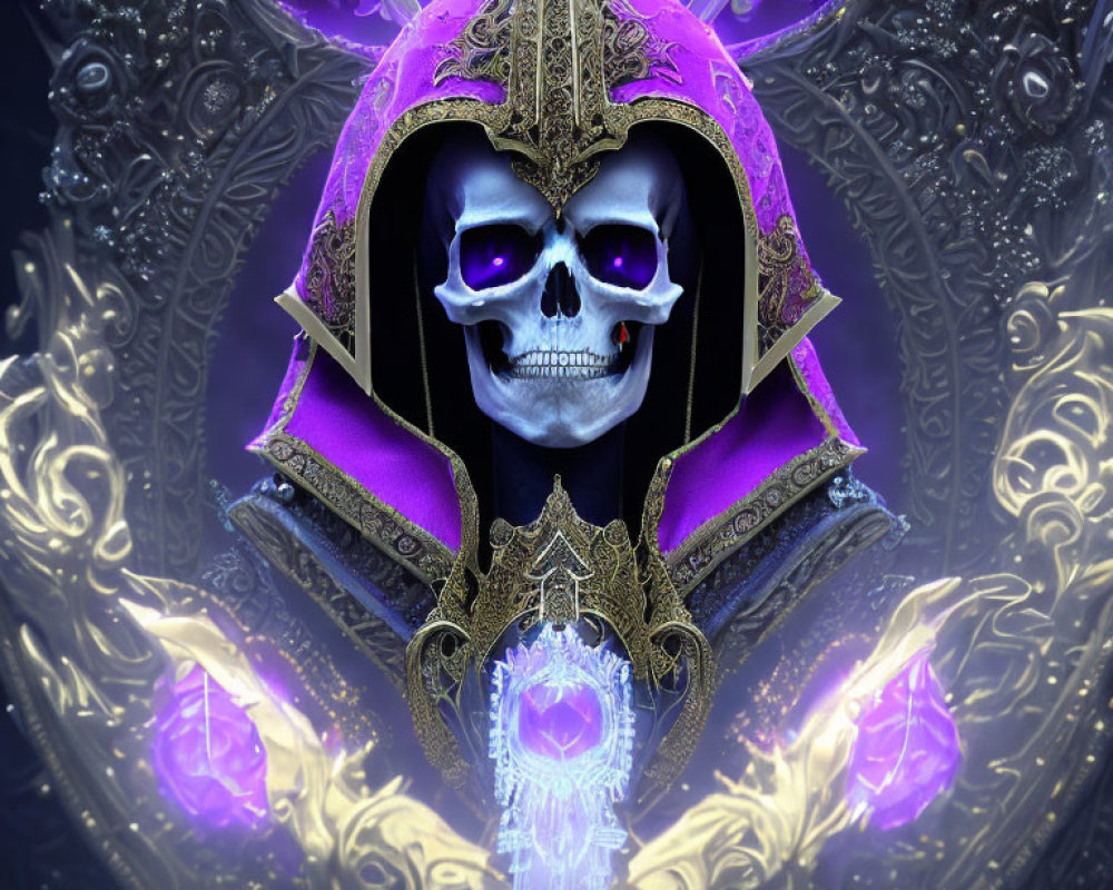 Skull with Purple and Gold Helmet, Silver Patterns, and Blue Orb