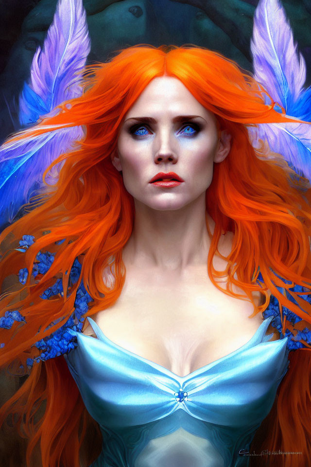 Vibrant orange hair woman with blue feathers on cool backdrop