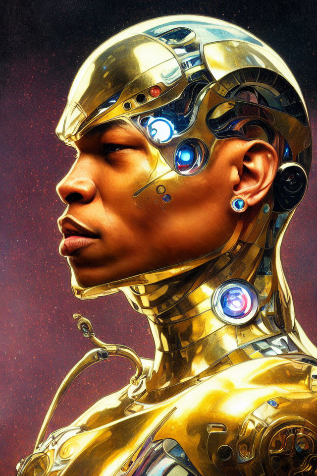 Person with futuristic golden robotic headpiece: Detailed profile view