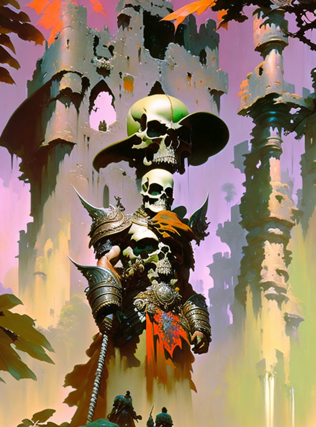 Skeletal figure in ornate armor in surreal forest with skull above