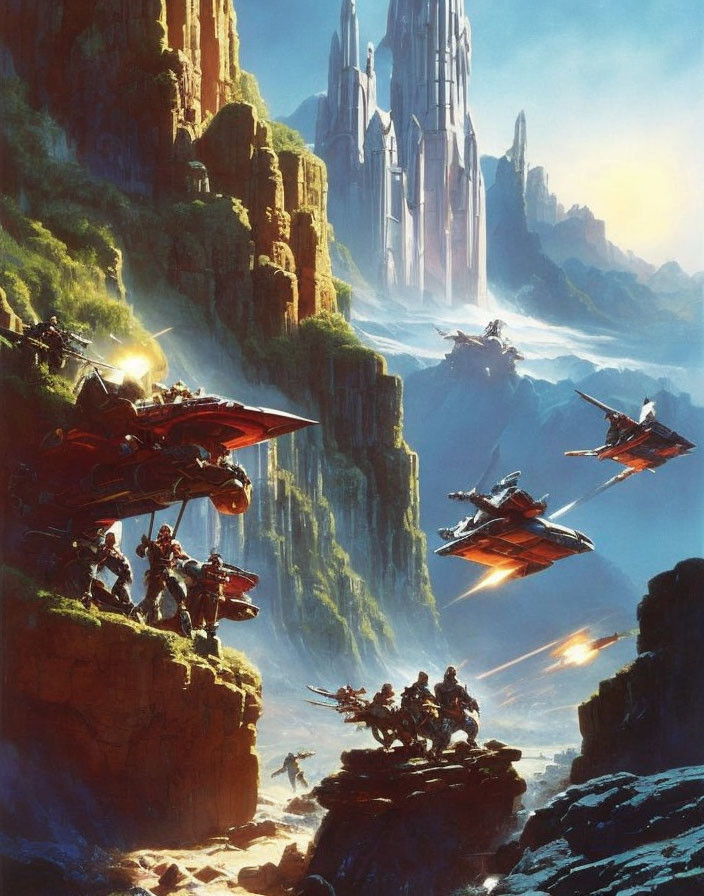 Futuristic sci-fi soldiers and aircraft in rocky landscape with citadel