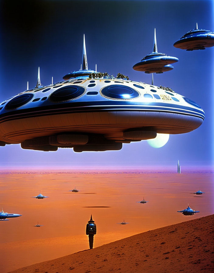 Futuristic spacecraft over red desert with alien planet and moon