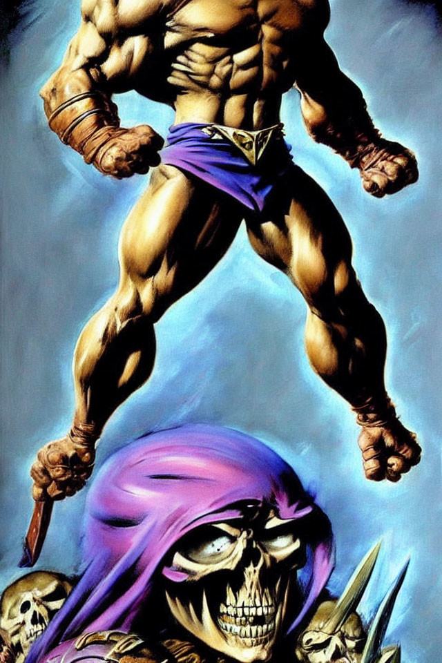 Muscular character in purple shorts with dagger defeats skull-faced adversary in purple hood.