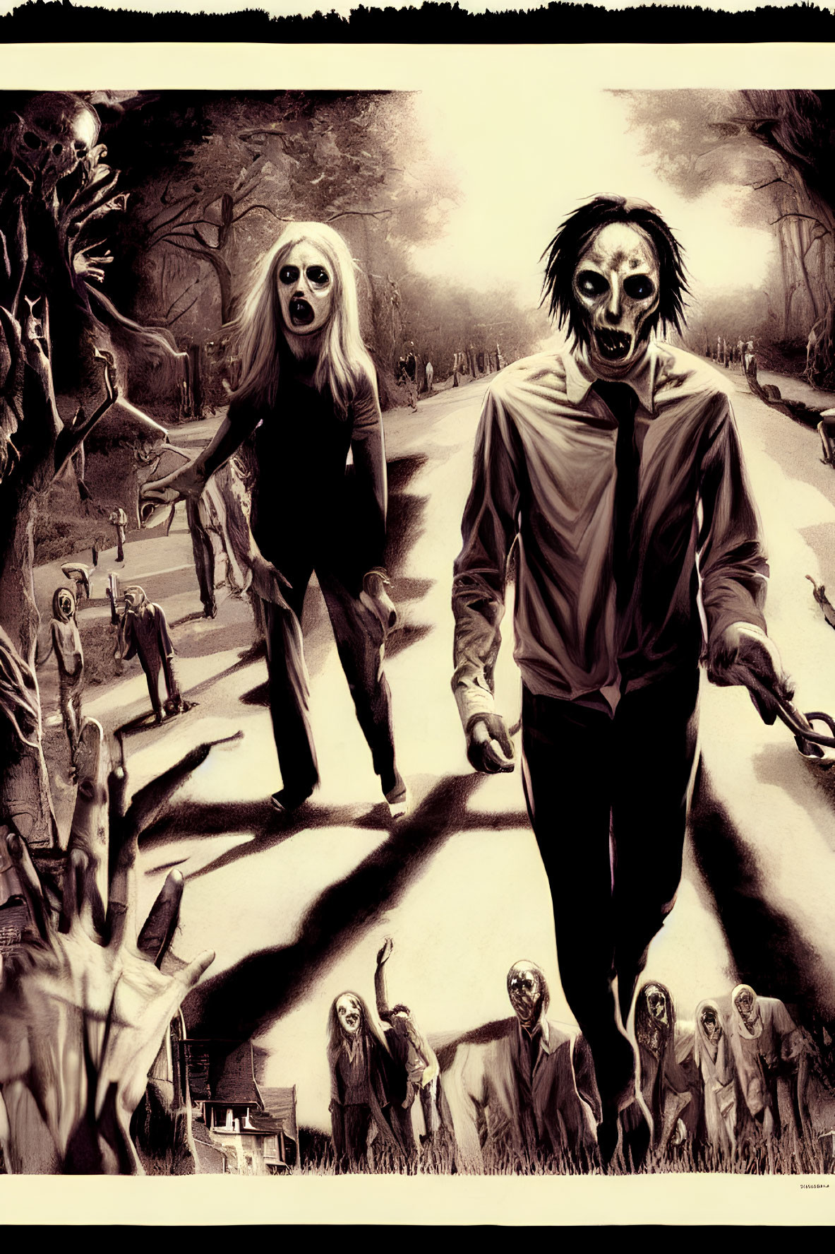 Illustration of grotesque zombies in dark graveyard setting