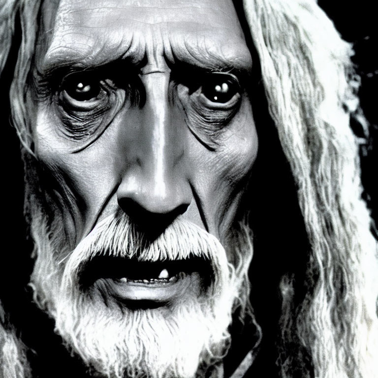 Portrait of an older man with deep-set eyes and long white hair