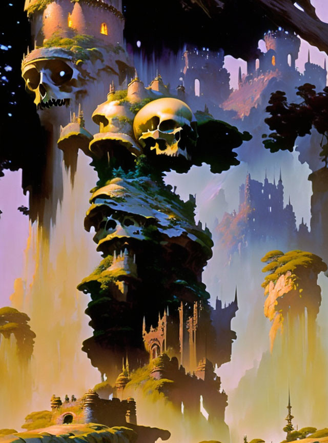 Fantastical painting of towering rock structure with skull-shaped caves and gothic spires against amber sky