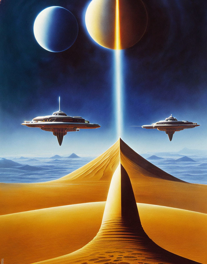 Retro-futuristic space poster with spacecrafts over pyramid in desert landscape