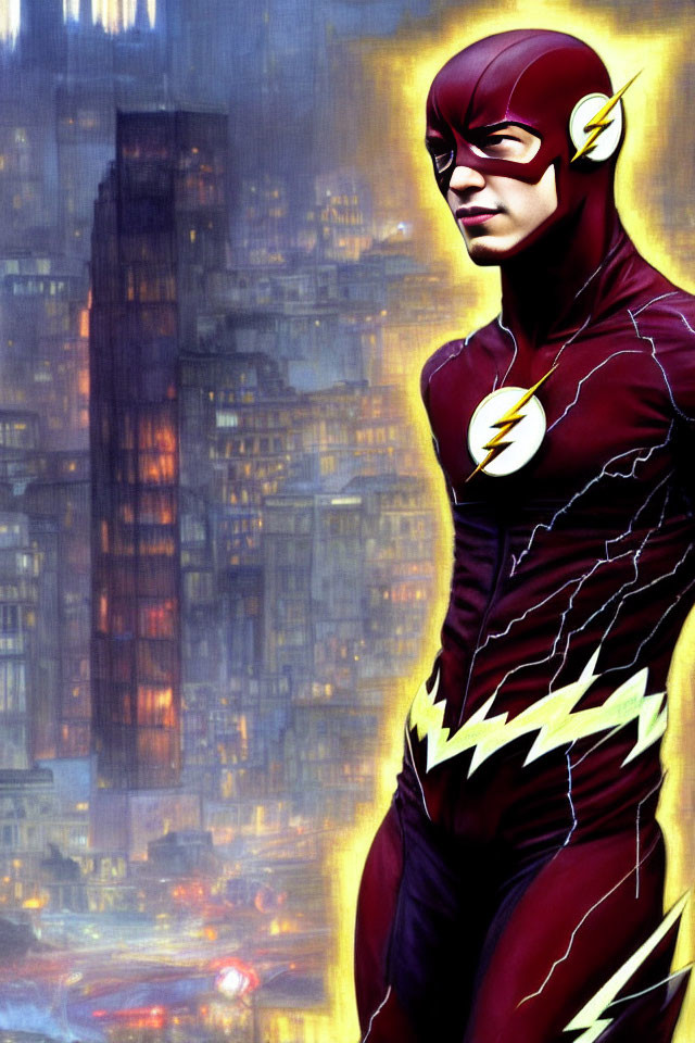 Colorful superhero artwork of character in lightning-themed outfit against city backdrop