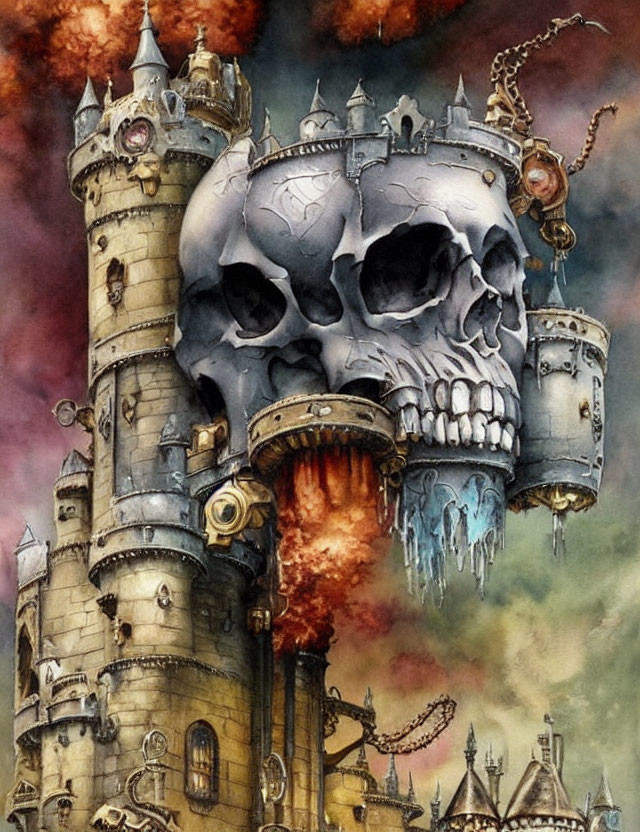 Gothic fantasy castle with skull features and fiery blast in dark, cloudy setting