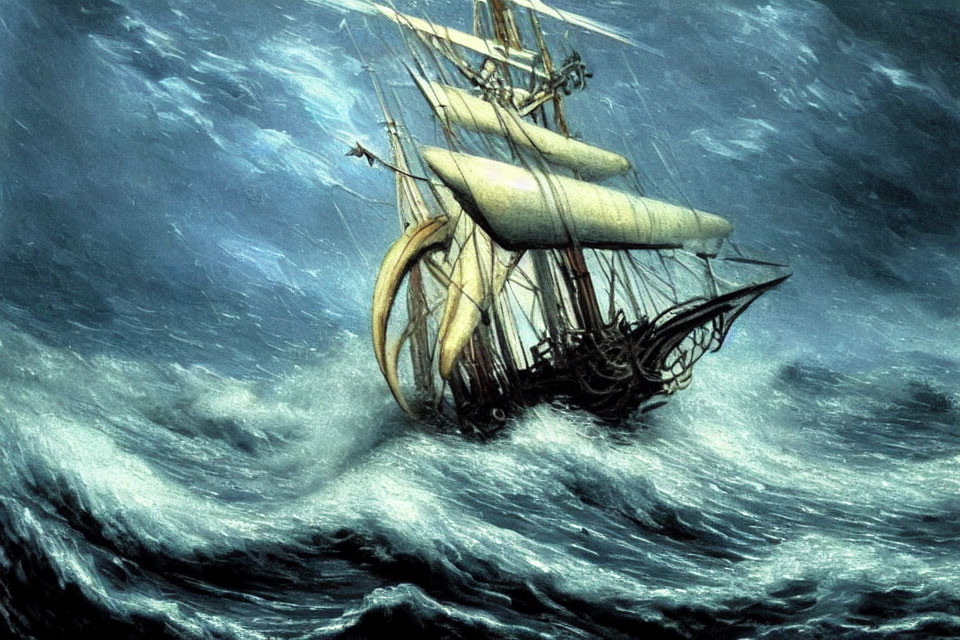 Tall Ship Painting: White Sails in Stormy Blue Waves