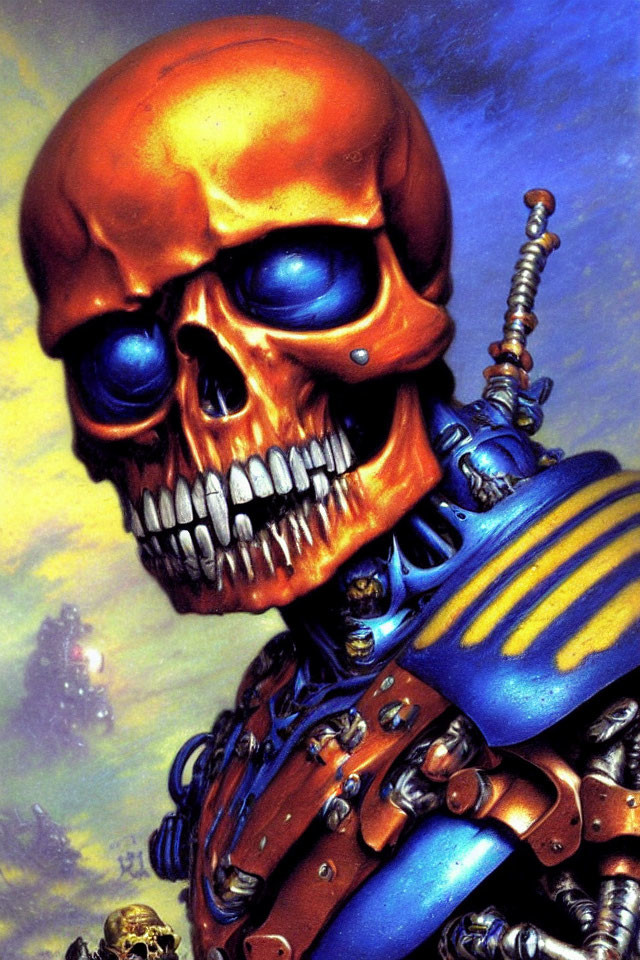 Colorful skull with metallic jaw and glowing eyes on futuristic armored torso.