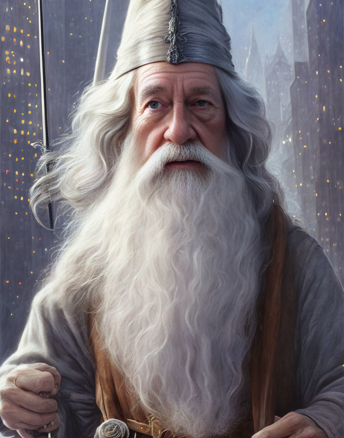 Elderly wizard with long white beard, grey cloak, pointed hat, staff, castle background