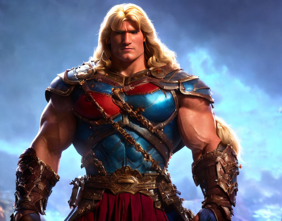 Muscular blond warrior in fantasy armor under stormy sky