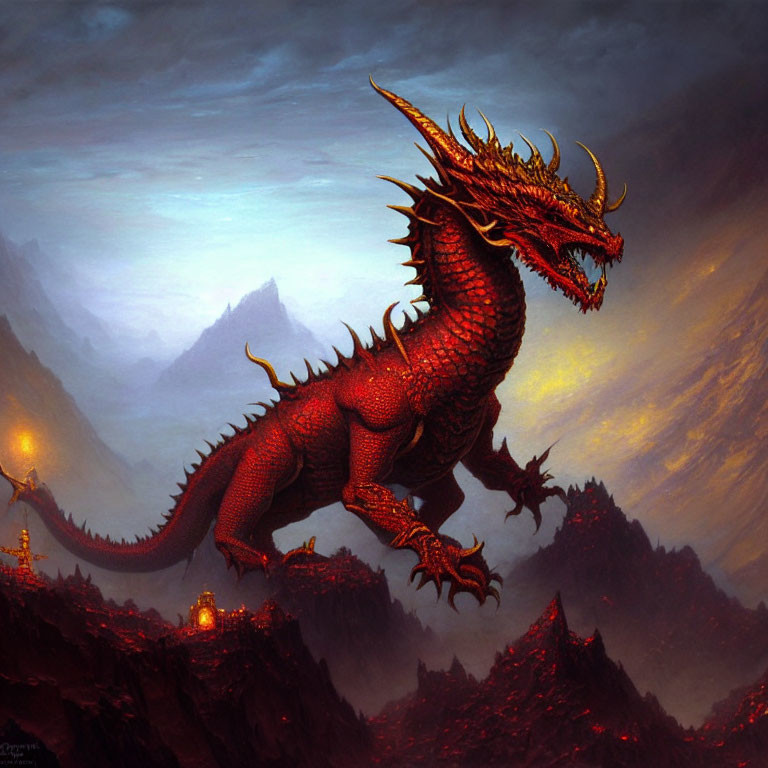 Red dragon on rocky terrain with lanterns in misty mountain landscape