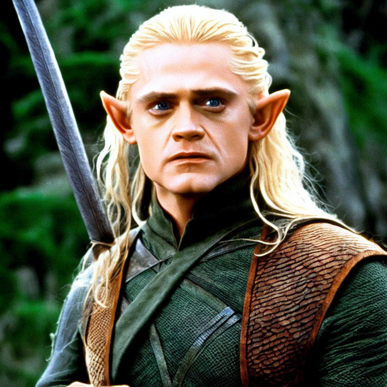 Fantasy character with long blonde hair and pointed ears in green and brown medieval attire holding a sword