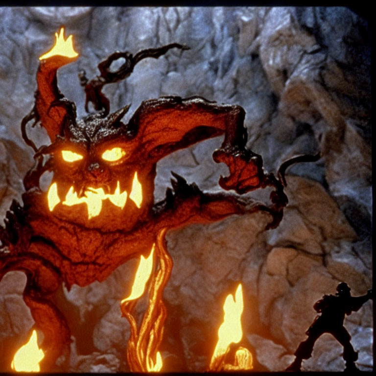 Fiery demonic creature towering over small human silhouette in rugged cave background