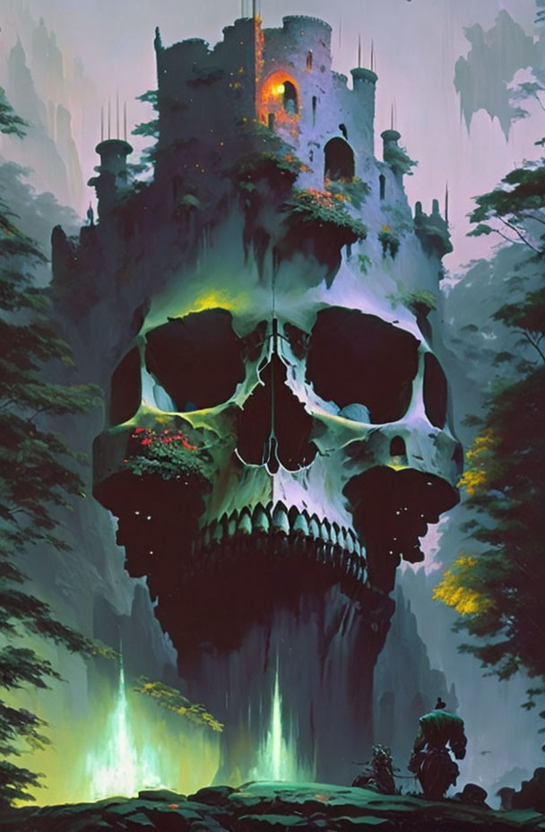 Fantastical castle in giant skull with misty forest and green river