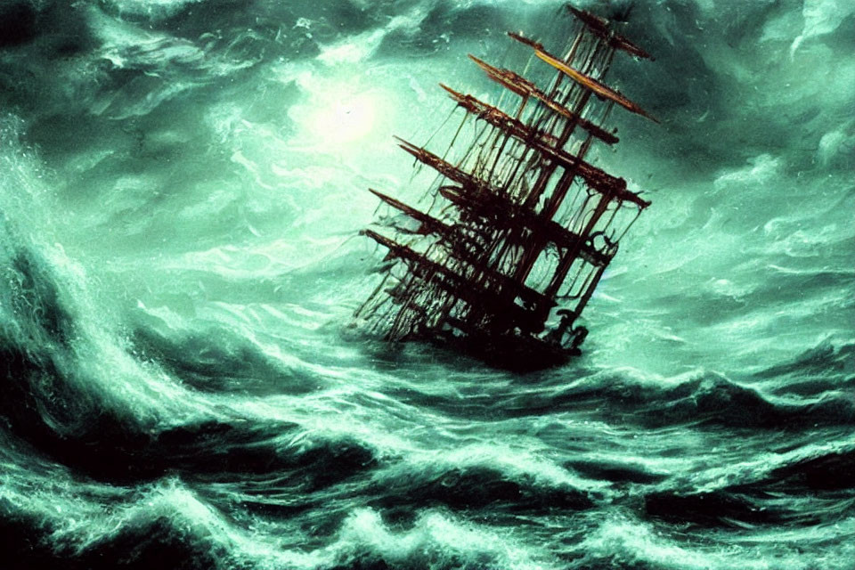 Tall ship sailing through green waves under swirling sky