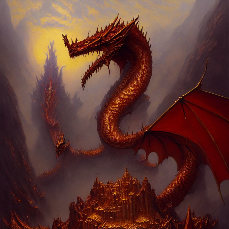Red Dragon Soars Over Golden City in Ochre Sky