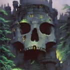 Skull-shaped structure in foggy forest with castle and glowing tent