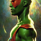 Muscular green-skinned man with red blindfold in heroic pose against futuristic backdrop