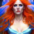 Vibrant orange hair and blue feathered ears in gold and blue attire against a mystical forest.