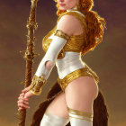 Red-haired woman in fantasy armor with staff against golden and crimson sky
