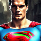 Portrait of Man in Superman Costume with 'S' Logo and Dramatic Lighting