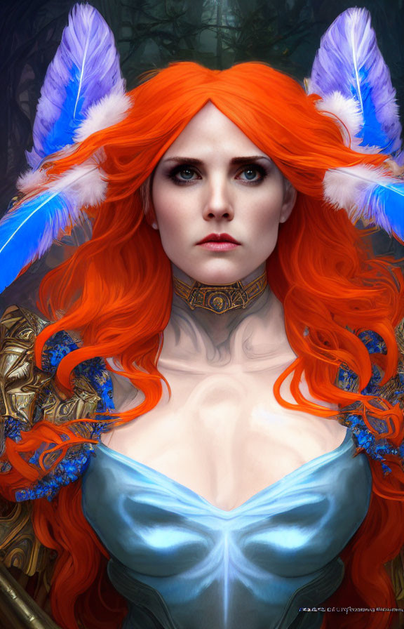 Vibrant orange hair and blue feathered ears in gold and blue attire against a mystical forest.