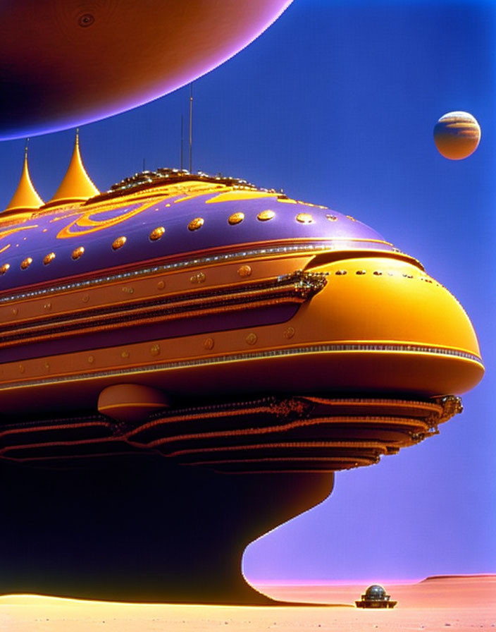 Ornate golden spaceship over desert with smaller vehicle and distant planet