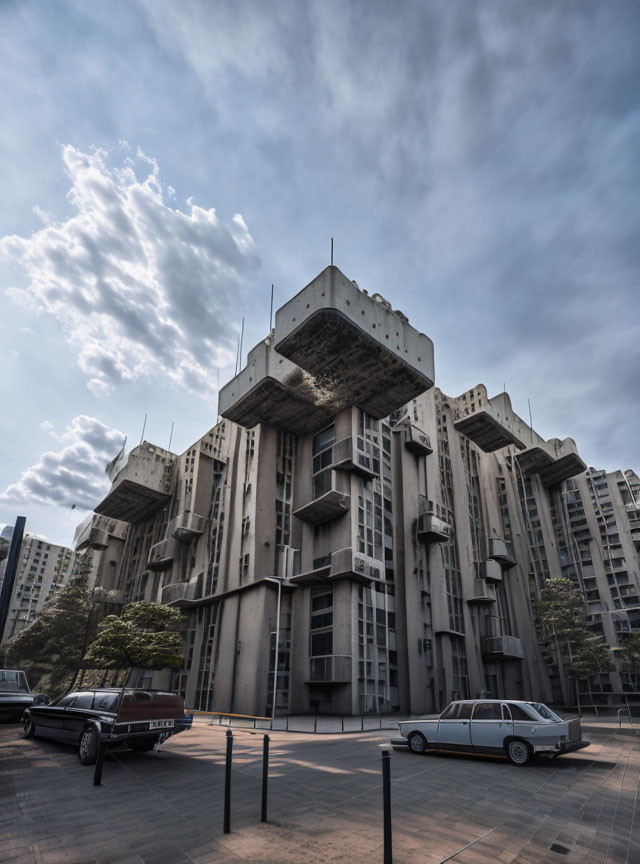 Brutalist structure with geometric forms and dramatic sky.