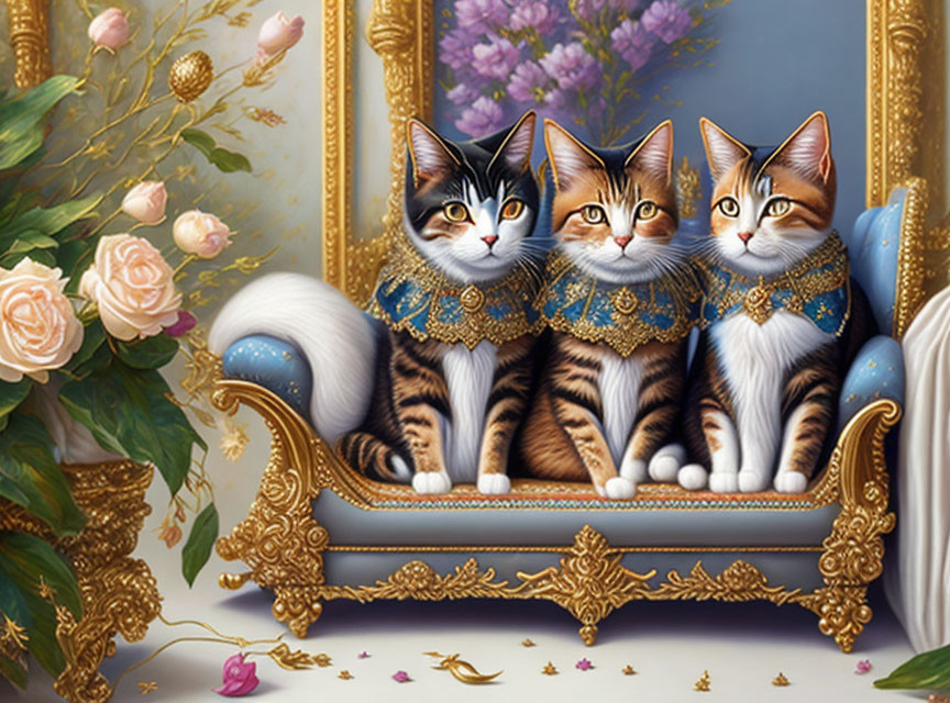 Three elegant cats with intricate collars in ornate golden frame surrounded by roses