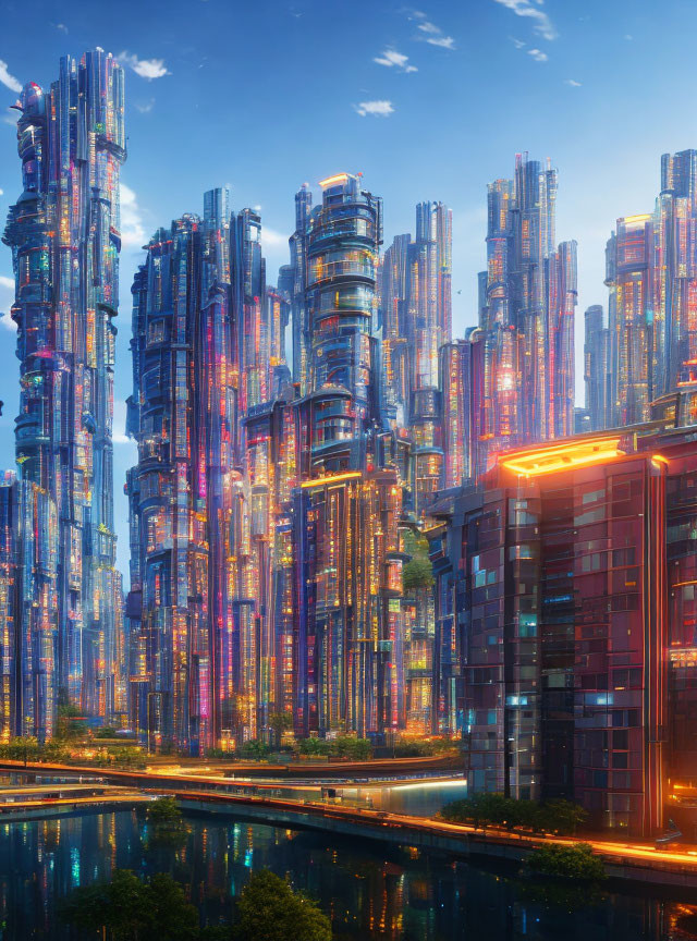 Neon-lit futuristic cityscape by tranquil river at twilight