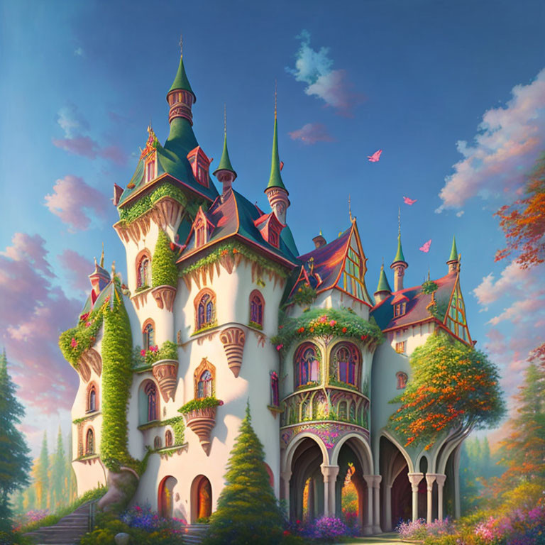 Vibrant fantasy castle in enchanting forest clearing