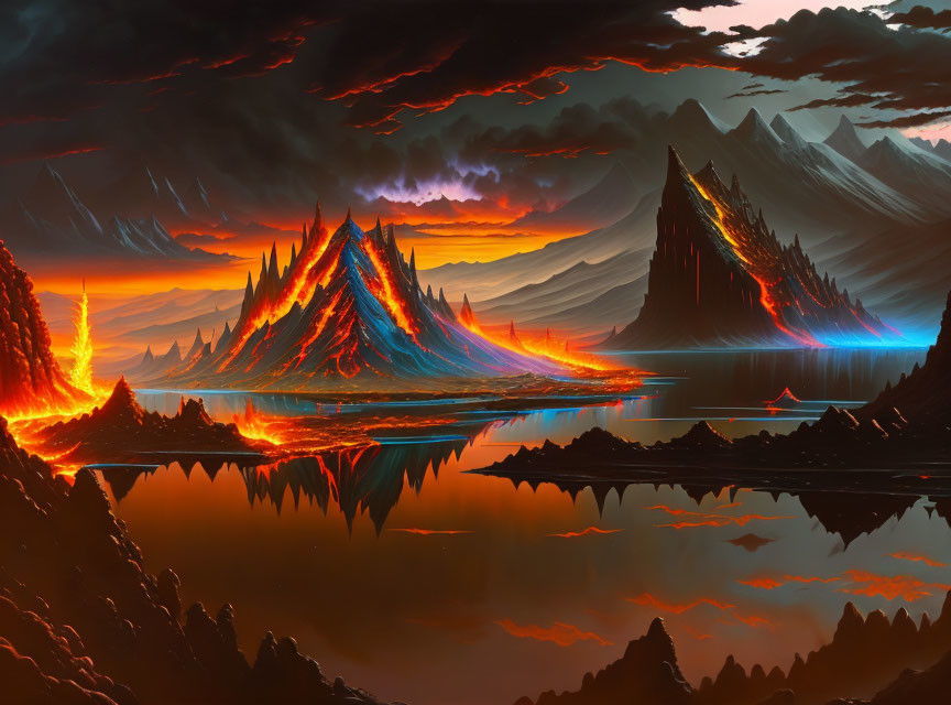 Panorama of Mordor. A lot of lava pits, dark castl