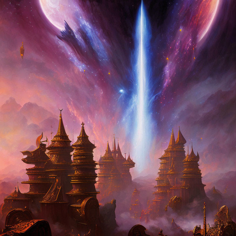 Futuristic cityscape with Asian-style buildings under purple starry sky and blue cosmic beam