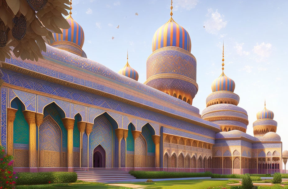 Ornate palace with blue and gold domes and intricate patterns