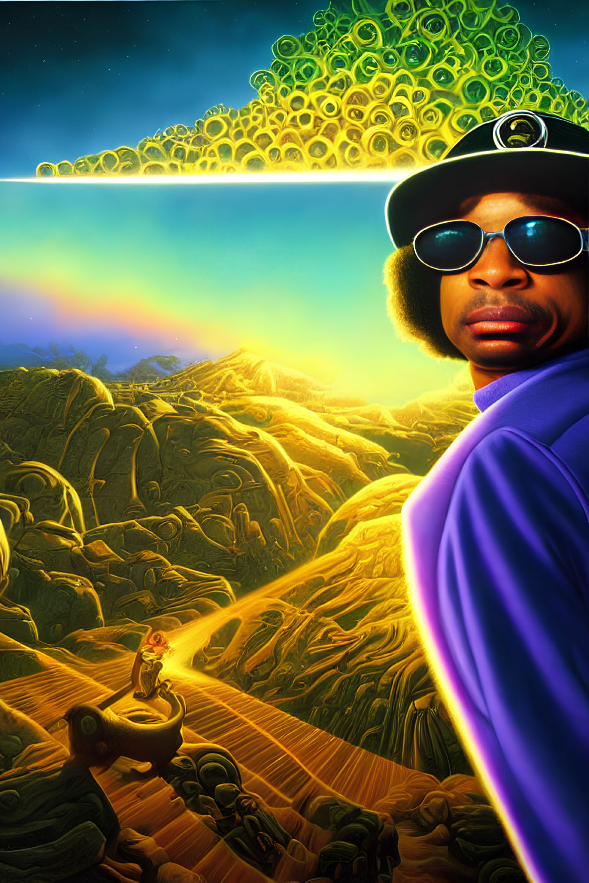 Person in Purple Jacket and Sunglasses with Monkey in Otherworldly Landscape