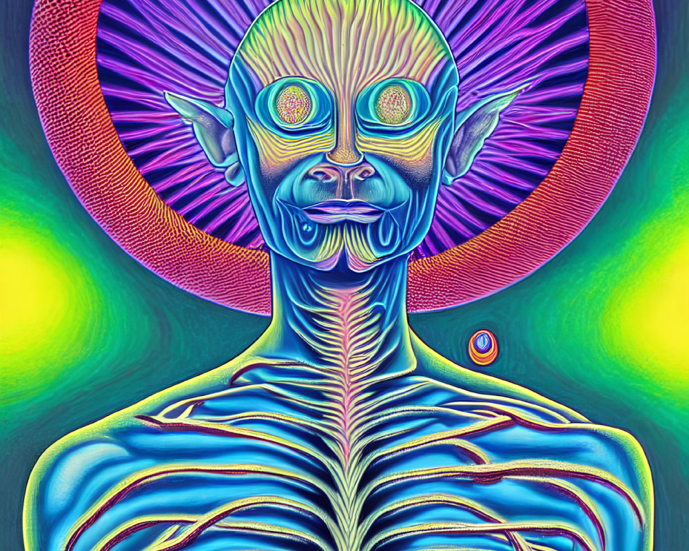 Colorful Psychedelic Alien Portrait with Radiant Background