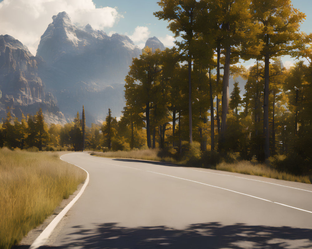 Scenic autumn forest road with mountains and blue sky