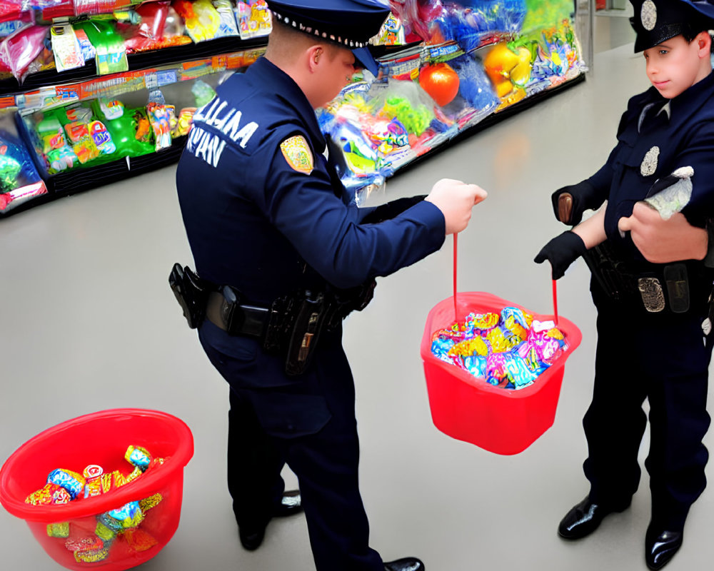 Children in police officer costumes exploring candy store aisle