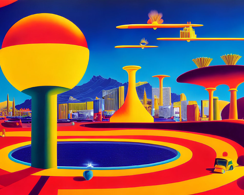 Futuristic landscape with mushroom structures, pool, and mountains in utopian city scene