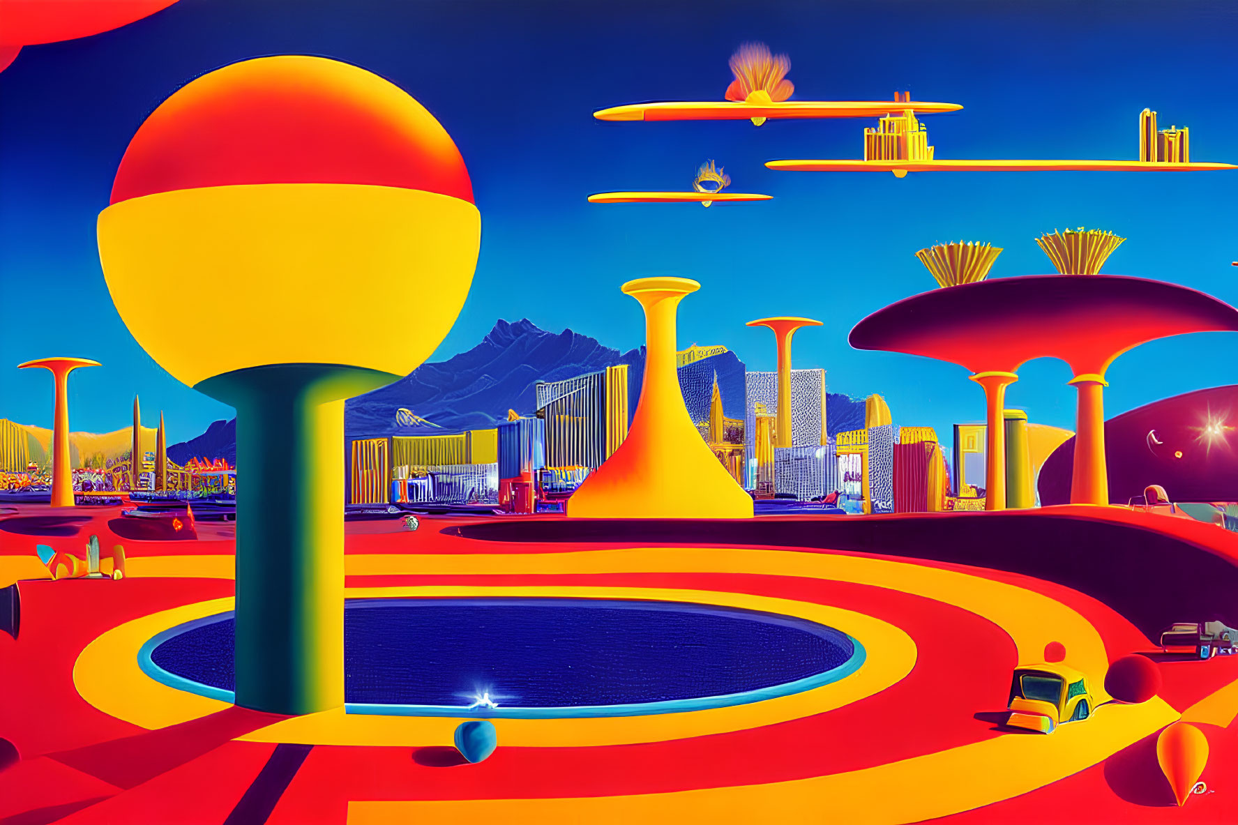 Futuristic landscape with mushroom structures, pool, and mountains in utopian city scene