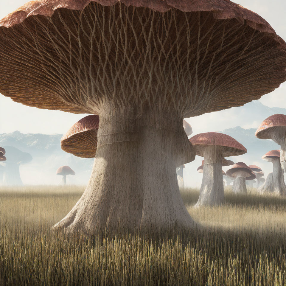 Towering Mushroom-like Structures in Field of Tall Grass